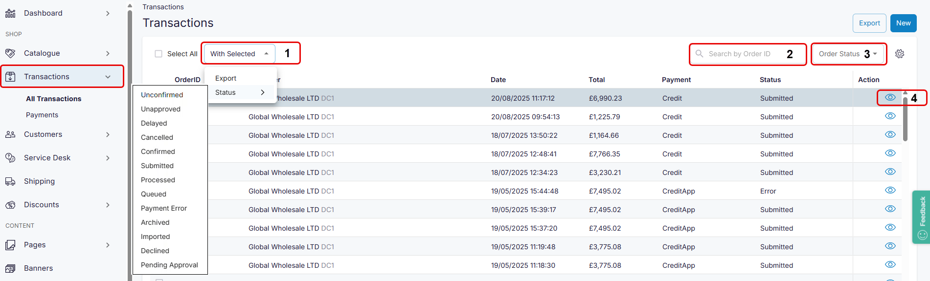 Screen layout: Transactions