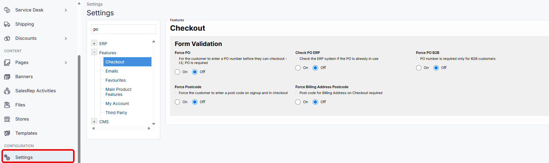 Checkout form validation fields, which are found in Settings.